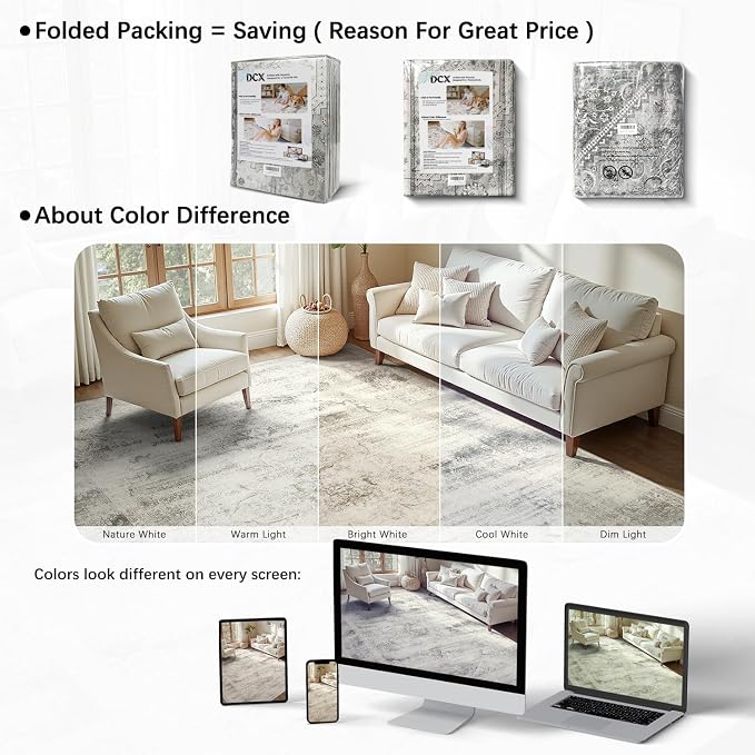 DCX Washable 5x7 Vintage Rug, Stain Resistant Distressed Beige Rug | Kid & Pet Friendly with Rubber Back Non Slip Soft Low Pile Large Carpet for Living Room, Bedroom, Home Office