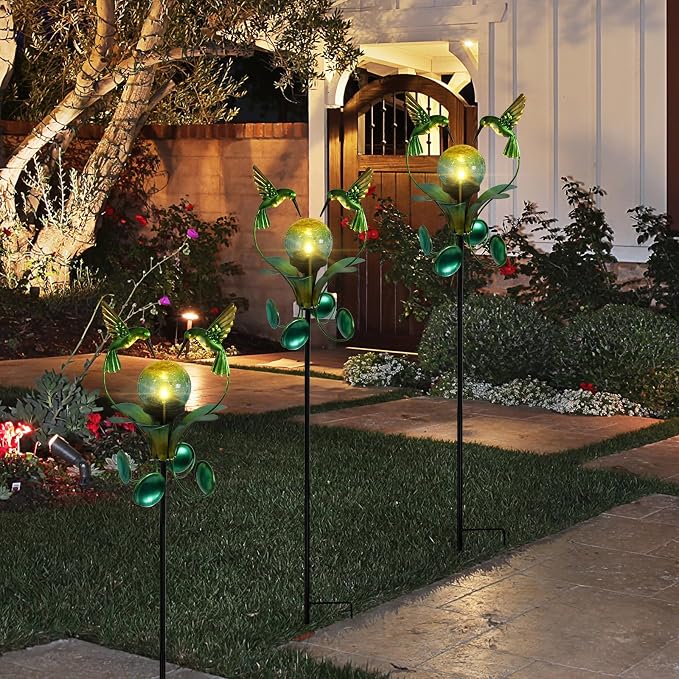 Decorative Solar Outdoor Light, Hummingbird Glass Globe Stake for Lawn Yard | Solar Hummingbird Lights With Wind Spinner Design, Crackle Glass Globe, Auto On/Off For Garden, Lawn, Yard