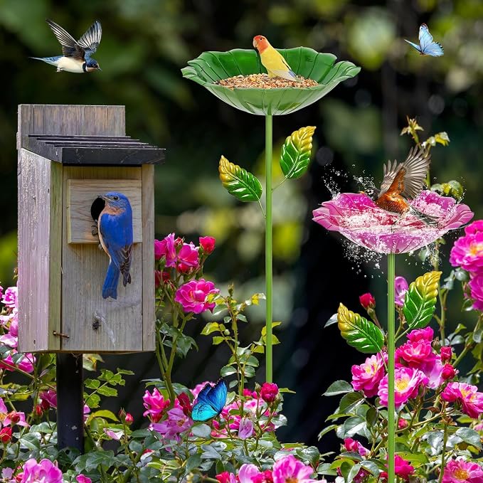 2 Pack Bird Baths for Outdoors, Colorful Metal Bird Bath for Outside, Hummingbird Bath with Five Stakes, Garden Flower Small Birdbath for Garden Decor, 31.3" H x 10.63" Dia (Red,Green)
