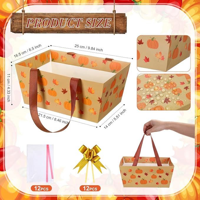 Qinyoung 12 Pcs Fall Basket for Gifts Empty 9.8 x 6.5'' Pumpkin Maple Leaves Gift Basket Empty to Fill with Handles, Bows, Plastic Bags and Twist Ties for Autumn Thanksgiving Party Favor Supplies