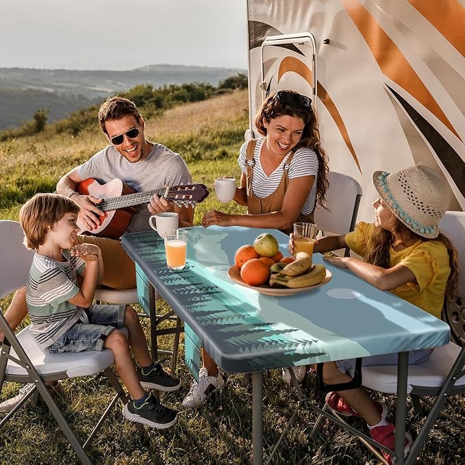 Jobunai Fitted Picnic Table Cover with Bench Covers Elastic Waterproof Outdoor Camping Tablecloth for 6 Foot Rectangle Tables Camper Summer Accessories Rv Car Essentials Vacation Gifts for Women Men