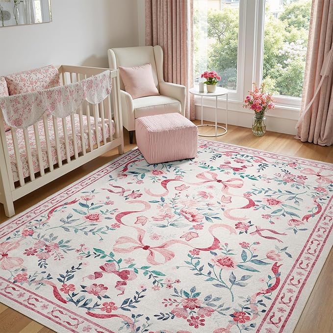 DCX Washable 5x7 Bow Rug, Pink Floral Rug for Girls’ Bedroom, Cute Soft Low Pile Indoor Décor Carpet, Kid & Pet Friendly Nursery Rug for Living Room, Dorm, Playroom