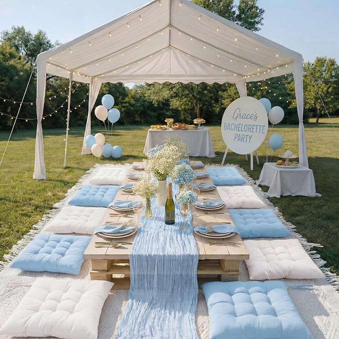 Extra Large Outdoor Picnic Blanket with Table Runner and Floor Pillow Cushion for Picnic Wedding Birthday Baby Shower Backyard Decor(91 x 71'',Light Blue,White,8 Pcs)