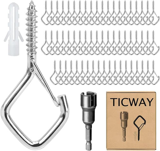60 PCS 304 Stainless Steel Screw Hooks Kit, Ceiling Hooks for Hanging Plants, String Lights and Wind Chimes, Screw In Hooks with Locking Clip, Outdoor Hanging Hooks with Anchors and Driver Tool