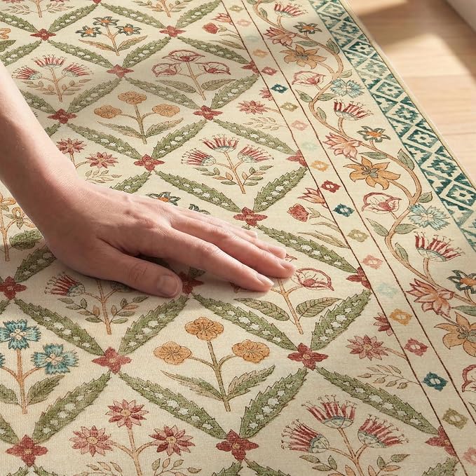 jinchan Runner Rug 2x5 Vintage Floral Washable Hallway Area Rug, Teal Blue | Soft & Lightweight, Checkered Floral, Low Pile, Non Slip, Entryway, Kitchen, Bedside, Laundry Room, Cottage Decor