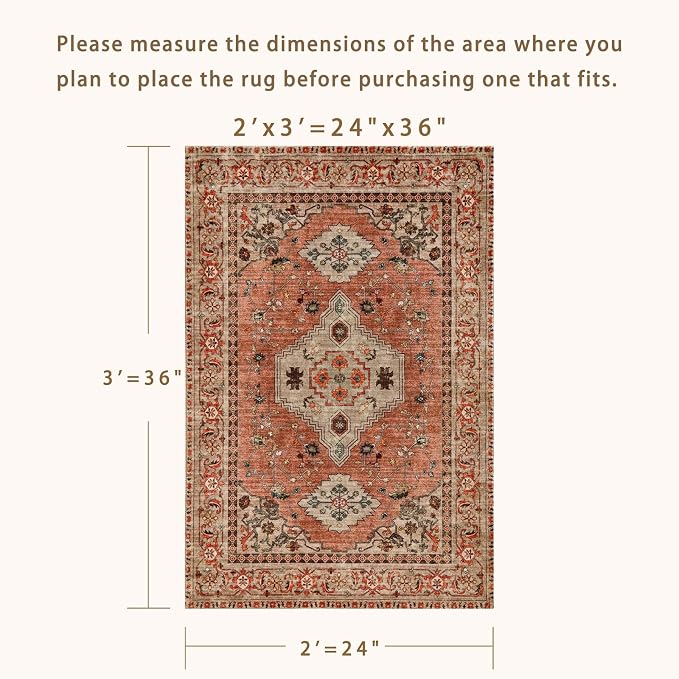 Tangsoo Boho Small Area Rug, 2x3 Washable Throw Rugs for Entryway, Non Slip | Oriental Indoor Front Door Rug Mat, Vintage Terracotta Soft Low Pile Small Carpet for Entry Entrance Kitchen Bathroom Decor
