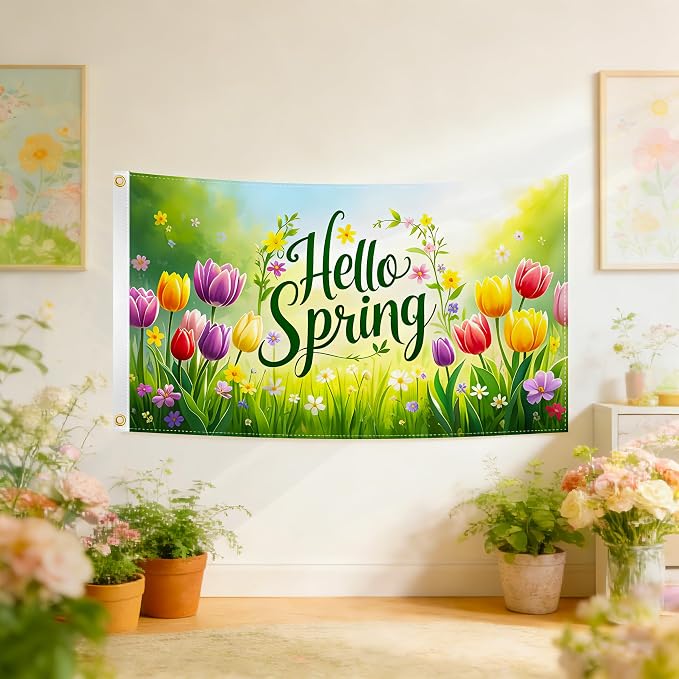 Spring Decorations Hello Spring Flag 3x5 Ft Outdoor Double Sided Printed Polyester All Things Revive Sign for Fence Garden Lawn Yard Home Decorations with 2 Grommets