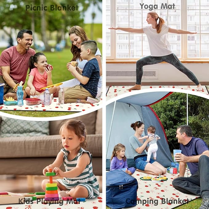 Cherry Picnic Blankets Waterproof Foldable,60’‘x80'' Portable Dual Layers Outdoor Travel Camping Backpacking Hiking Beach Blanket Mat for Grass Padded Lawn Park Beach,Cherry Picnic Accessories