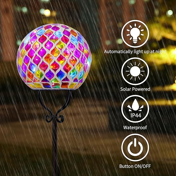VCUTEKA Decorative Solar Garden Lights, 6" Mosaic Globe Outdoor Stake | Mosaic Glass Design with Solar Light, Weather Resistant, Auto On/Off and Metal Stake Design For Lawn and Patio, Red