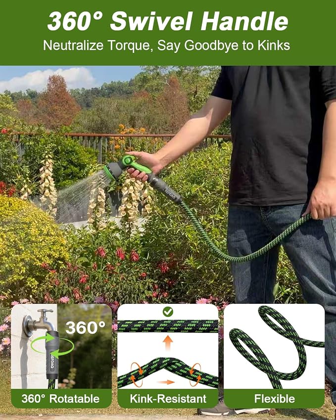 Garden Hose, Flexible Ultra Lightweight Durable, Kink-Free Water Hose with 10 Function Sprayer - Non-Shrinking, Easy to Store, All-Weather, High-Pressure (50FT)