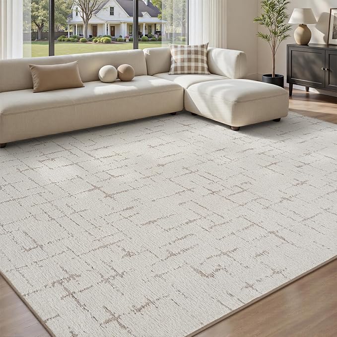Engiw-Beige Neutral 8x10 Area Rug for Living Room Rug-Carpet Bedroom Rugs Textured Tufted Jacquard Modern Washable Rug for Dining Room Nursery Non Slip