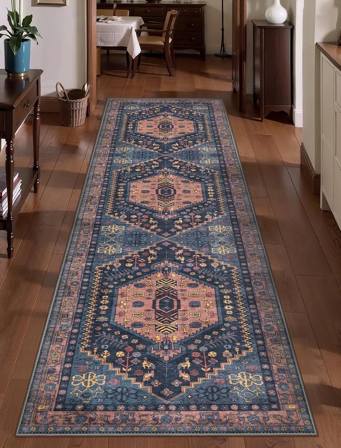 Ciicool 2x7ft Runner Rug,Vintage Washable Area Rugs for Hallway Kitchen | Navy Soft Oriental Indoor Mat Thin Boho Entry Carpet for Entrance Bedroom Bedside Living Room Laundry Bathroom Decor