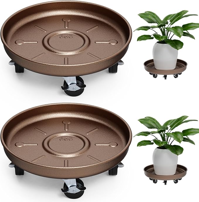 Plant Saucer 13" Rolling Plant Caddy Rolling Plant Stand with Wheels – Heavy Duty Metal, Locking, Sturdy, Rust-Resistant Finish, and Easy to Move, 350 lb Capacity, 2 Pack