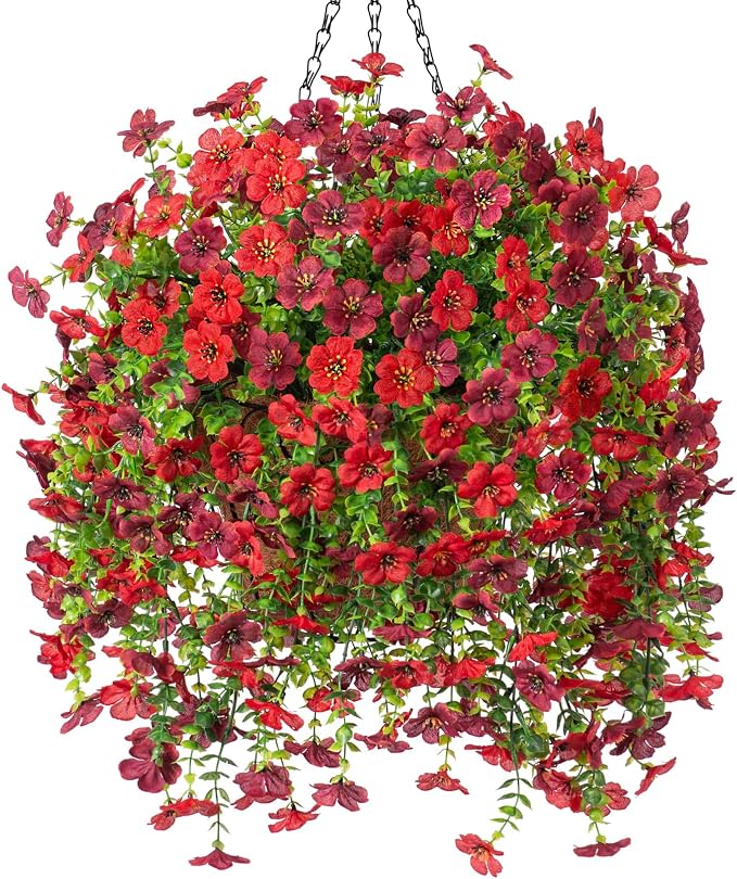 Ammyoo Artificial Fake Hanging Flowers Plants with Basket for Outdoor Spring Decoration, Faux Silk Daisy Flower Real Touch UV Resistant for Outside Porch Patio Garden Yard Home Decor(Red Brown)