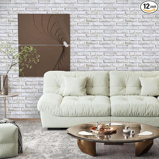 COMSTICKC 3D Whitewash Faux Brick Wall Panel Peel and Stick Wall Covering, 12 Pcs of 22.8" x 11.8", 3D Brick Wall Stickers, UrltraLight PVC Self Adhesive Decorative Tile Interior, Covers 22.48 sq.ft