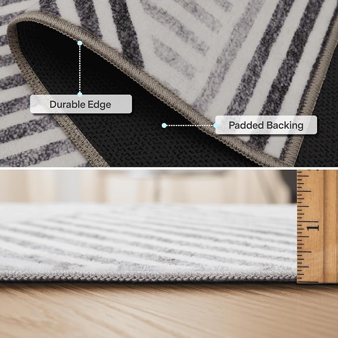 Machine Washable Area Rug - Living Room Bedroom Bathroom Kitchen Entryway Office - Padded Low Pile Stain Resistant Premium - Modern Geometric Contemporary - Miles - Gray 4' x 6'