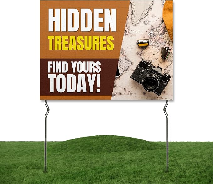 Hidden Treasures - Find Yours Todday! Yard Sign by DC | 24"x18" Double Sided Conv. Store Garden Sign with 13” Metal Stakes | Outdoor Signs Waterproof for Lawn, Patio, Sidewalk & House | Set of 2
