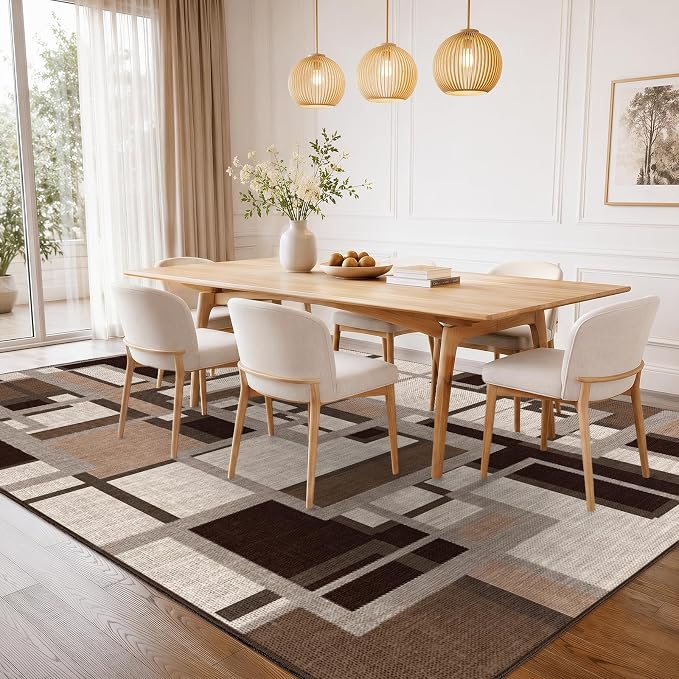 Modern Geometric 8x10 Area Rugs for Living Room, Coffee Brown Washable Rug | Contemporary Patchwork Blocks Non-Slip Indoor Carpet for Bedroom Dining Room Office | Abstract Soft Low-Pile Large Rug
