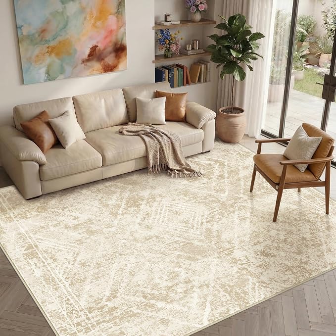 8'x10' Washable Area Rug for Living Room Beige/Lightbrown | Soft Western No Slip Low Pile Print Foldable Indoor for Kitchen Dining Room
