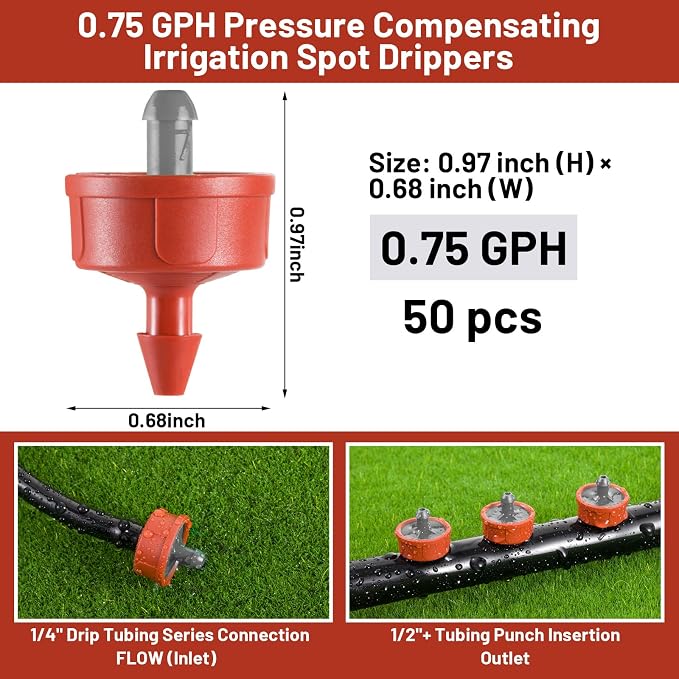 50 PCS 0.75 GPH Pressure Compensating Drip Irrigation Spot Watering Dripper, Balanced Flow Drip Irrigation Emitters Heads Irrigation Drippers Parts for Indoor Outdoor Compact Plant Gardens