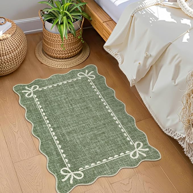 GarveeHome Scalloped Entryway Rug 2x3 Washable Front Door Bow Rug, Green | Non Slip Soft Low Pile Ultra-Thin Stain Resistant Indoor Carpet for Girls Dorm Nursery Bedroom Decor Hallway Kitchen Floor