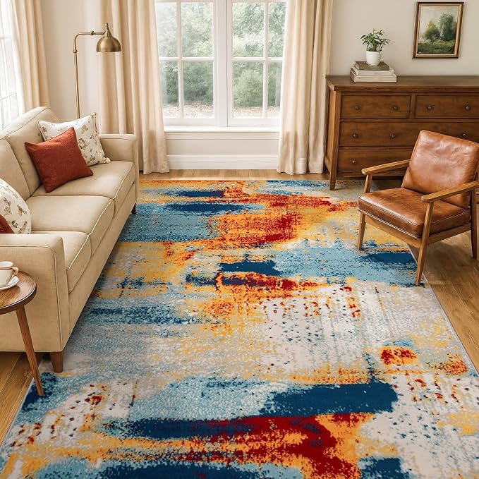 Rugshop Novel Abstract Fade-Resistant Area Rug Multi 6' 6" x 9' | Stain Resistant,Bedroom, Dining Room, Home Office, Kitchen, Entryway, Hallway, Nursery, Kids Room, Guest Room