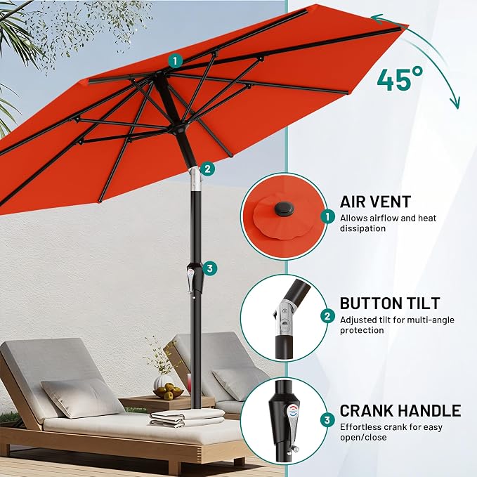 AreShark 10 FT Outdoor Patio Umbrella, Patio Table Umbrella with Push Button Tilt and Crank, Outdoor Patio Umbrellas with 8 Fiberglass Ribs, Patio Umbrellas for Market, Garden, Pool (Orange)