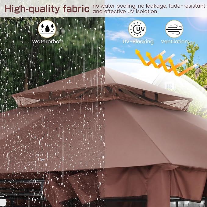 COBIZI 10x10 Gazebo with Double Roof & Mosquito Netting Outdoor Heavy-Duty Party Tent, Patio Tent with Zipper Screens - Backyard Garden Lawn Shelter Includes Wind Ropes Expansion Bolts, Brown