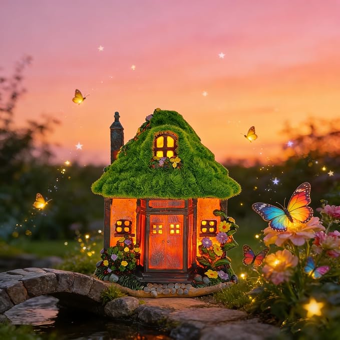 COWOS Solar Powered Fairy Tree House Sculpture with Flocked Roof & Chimney - Whimsical Outdoor Garden Decor with LED Lights