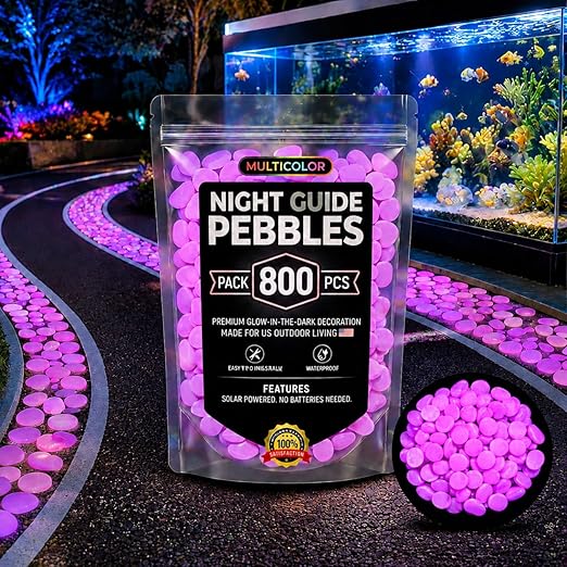 Glow in the Dark Rocks Outdoors, Decorative Night Guide Pebbles for Landscaping & Garden Pathway, Colored Glow Stonesfor Fish Tank, Aquarium Decor & Planters, Luminous Stones for Vases (800, Purple)