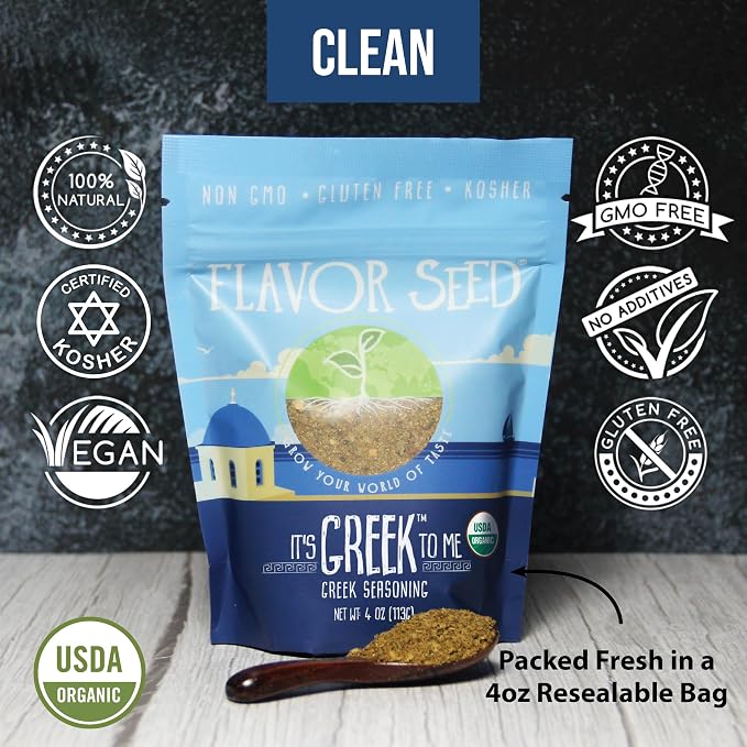 Organic Greek Seasoning Blend - It's Greek To Me by Flavor Seed, Mediterranean Herbs & Spices for Gyro, Tzatziki & Kebab, Carnivore & Keto Friendly, 4 oz Resealable Bag