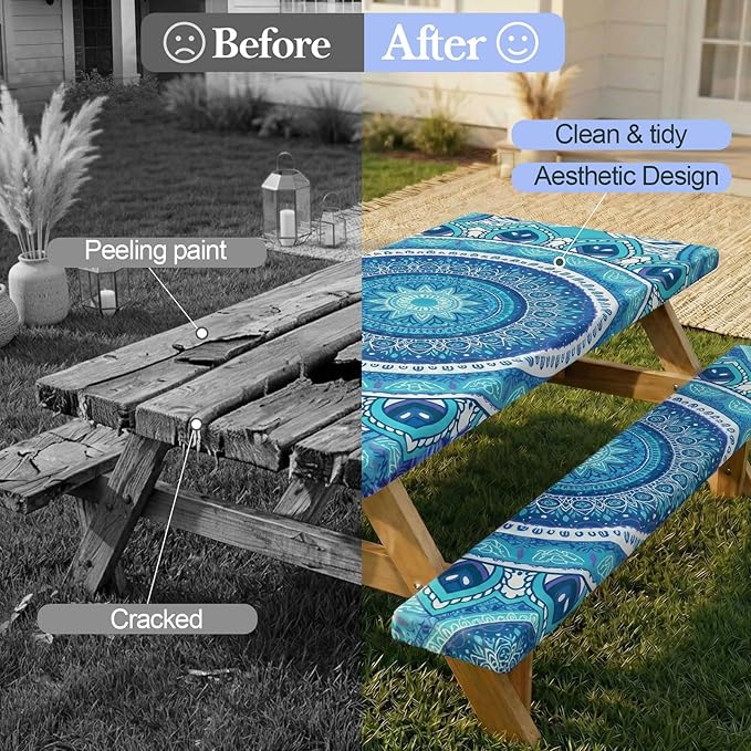 Picnic Table Cover with Bench Covers Camping Essentials Waterproof Windproof Camping Tablecloth with Drawstring Bag, Fitted Rectangle Tables and Seats, 72in, Air Superiority Blue