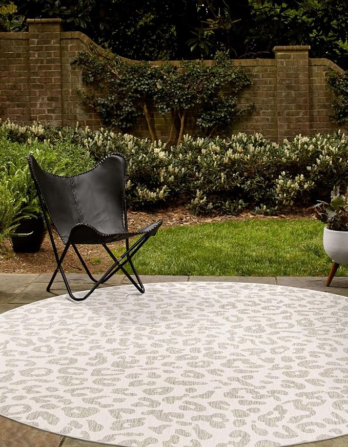 Unique Loom Outdoor Safari Collection Area Rug - Leopard (10' Round, Ivory Gray)
