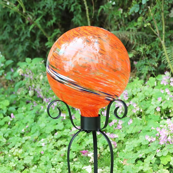 VCUTEKA Gazing Ball, Glass Gazing Balls Garden Globe Decor 10" Orange | Handcrafted orange swirl glass gazing balls that creates elegant garden focal point in any outdoor landscape yard decorative