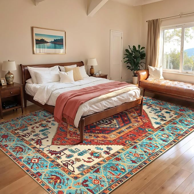 SERISSA 6x9 Washable Non Slip Boho Area Rug for Living Room，Orange | Ultra Soft Vintage Oriental Carpet Low-Pile Distressed Tribal Throw Carpet for Dining Room Bedroom Dorm Office Home Decor