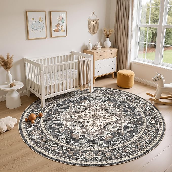 Washable Area Rug-6X6 Vintage Neutral Soft Black | Non Slip Thin Foldable Large Floor Carpet for Living Room Bedroom Kitchen Dining Room Home Office Farmhouse Indoor