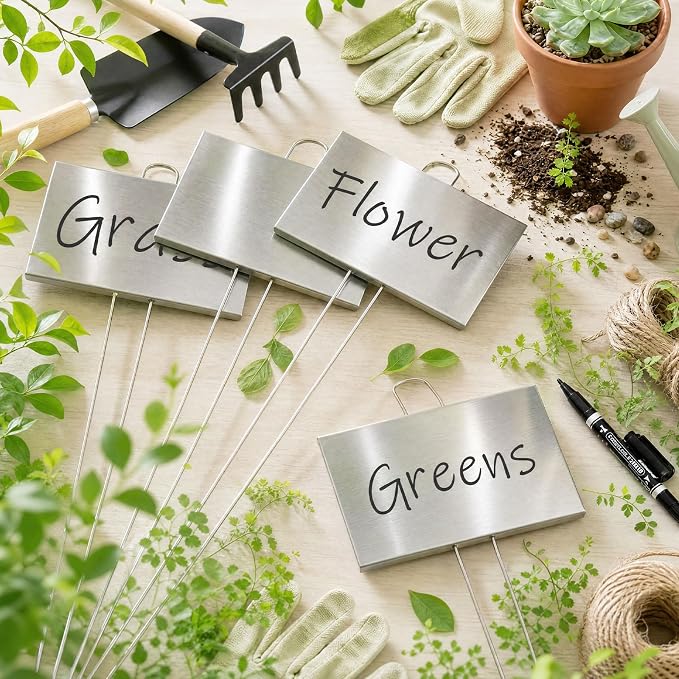 Landhoow 12 Pcs Large Garden Plant Markers Metal Plant Labels Sign 4'' x 6'' with 21'' Stake Weatherproof Waterproof Garden Sign for Outdoor Tree Seedlings Herbs Vegetable Greenhouse, Silver