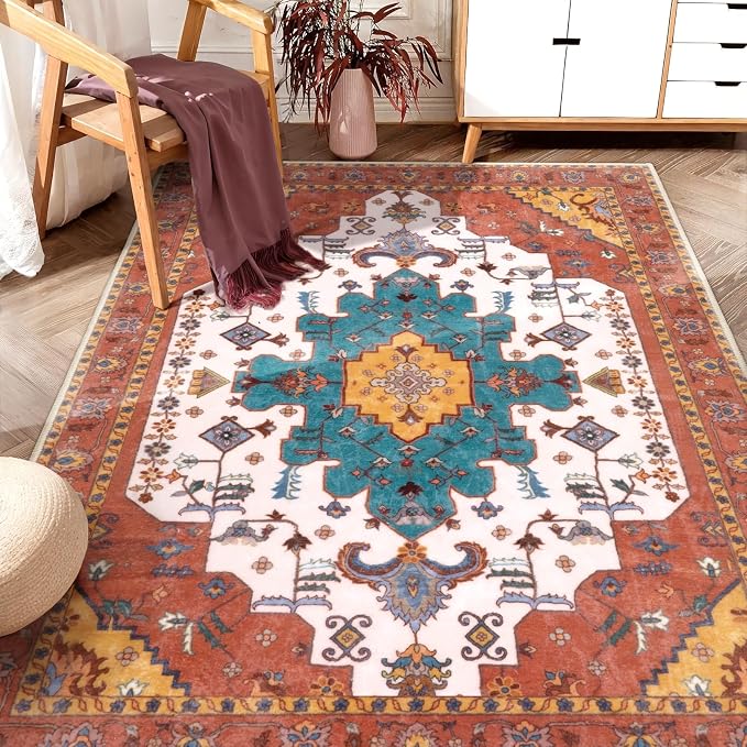 SERISSA 5x7 Washable Non Slip Boho Area Rug for Living Room，Orange | Ultra Soft Vintage Oriental Carpet Low-Pile Distressed Tribal Throw Carpet for Bedroom Dining Room Dorm Office Home Decor
