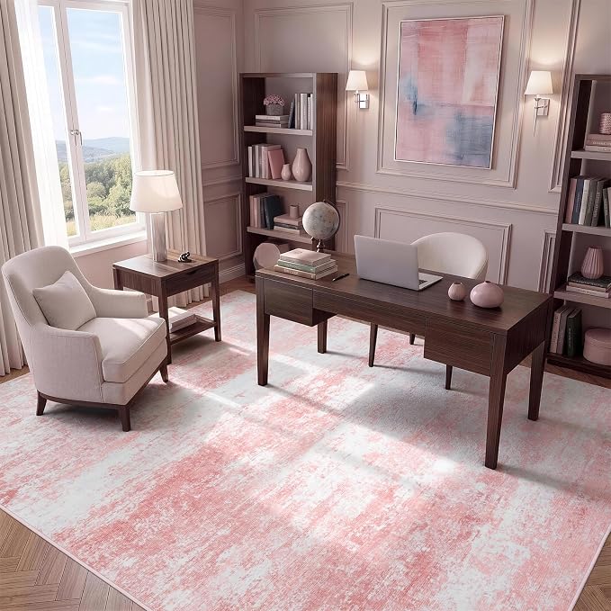 8x10 Area Rug for Living Room, Abstract Washable Large Rugs,Dusty Pink | Neutral Carpet for Bedroom, Dining Room, Home Office Nursery Indoor, Stain Resistant, Low Pile, Non-Shedding Modern Rug