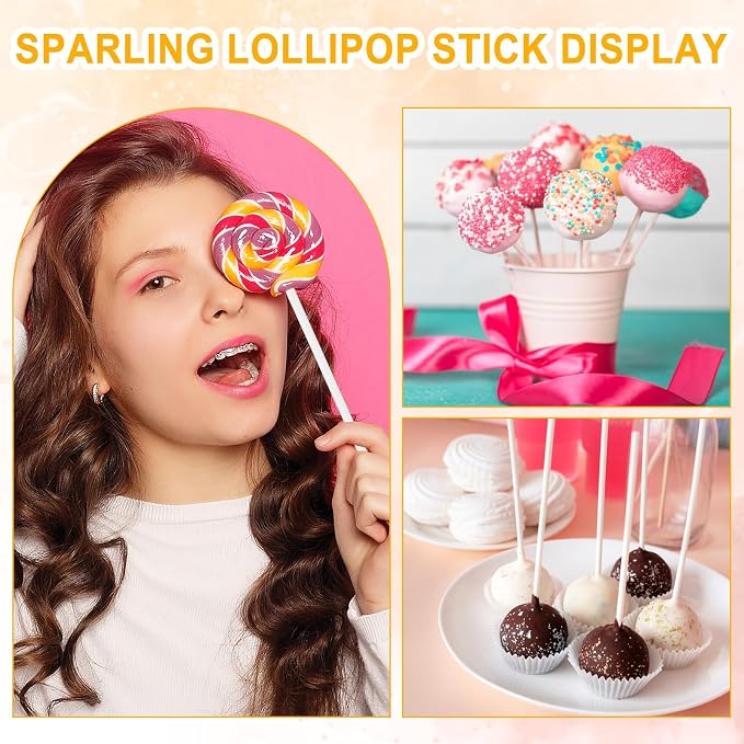 1500Pcs White Lollipop Sticks, 6IN Cake Pop Sticks with Clear Treat Bags & Gold Twist Ties for Candy Making Accessories