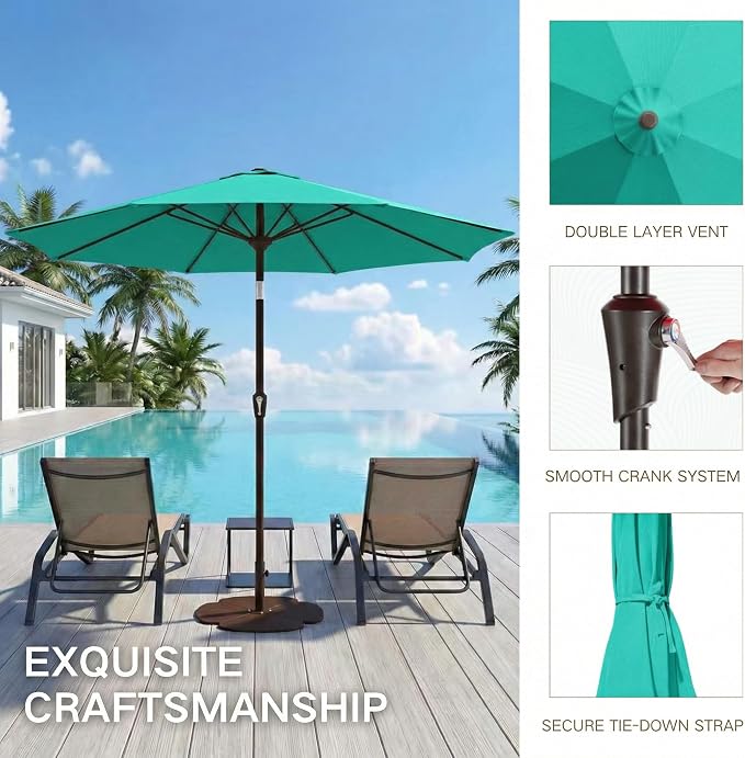 Kingdura 10FT Outdoor Patio Umbrella, Round Market Table Umbrella with Push‑Button Tilt and Crank Lift, 8 Sturdy Metal Ribs, UV50+ Protection Canopy for Backyard, Lawn, Deck, Poolside, Garden (Tiffany blue)