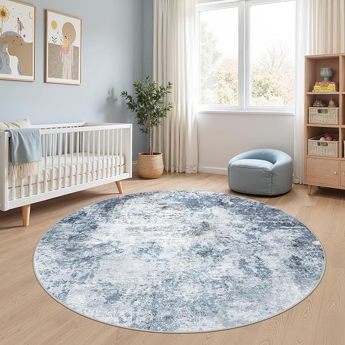 DMOYEST 6ft Round Area Rug for Living Room Washable Non Slip Circle Rug | 6x6 Neutral Modern Abstract Low Pile Rugs Kid & Pet Friendly Soft Carpet for Bedroom and Dining Room - Blue