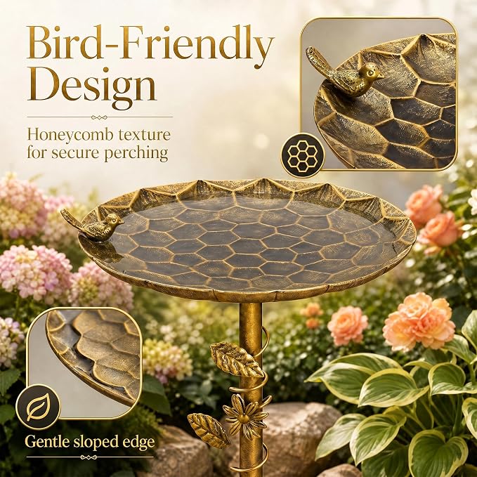 VECELO Antique Gold Metal Bird Bath for Outside, 28.7" Freestanding Pedestal Birdbath with Vintage Butterfly & Bird Decor, 15.4" Bowl Diameter, Easy Assembly Heavy-Duty Iron Garden Decoration