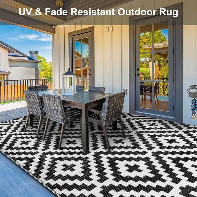 Outdoor Patio Plastic Straw Rug - 9x18 ft Outdoor Camping Rug Waterproof Reversible, Area Carpet Patios RV, Outside Porch Balcony Deck for Camper, Black & White