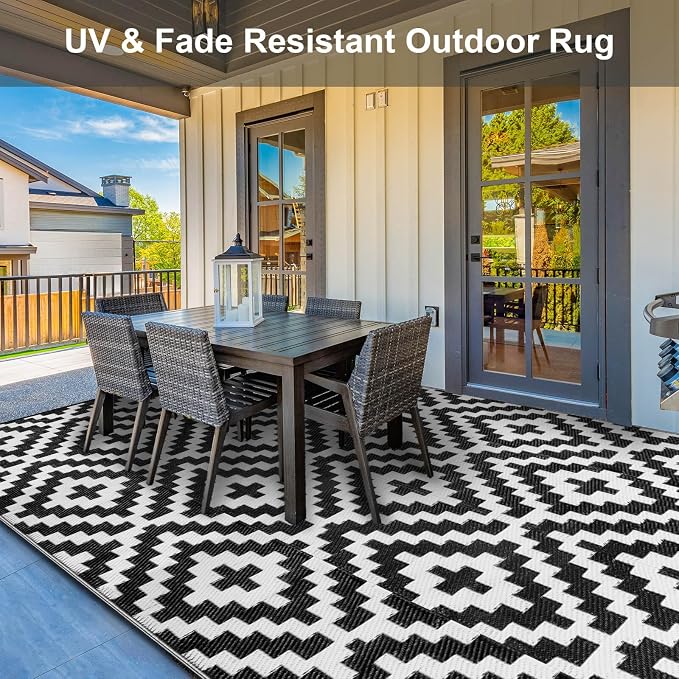 Outdoor Patio Plastic Straw Rug - 8x10 ft Outdoor Camping Rug Waterproof Reversible, Area Carpet Patios Clearance RV, Outside Porch Balcony Deck for Camper, Black & White