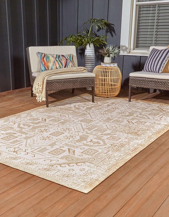 Unique Loom Outdoor Aztec Collection Area Rug - Coba (10' x 13' 1" Rectangle, Natural/ Ivory)