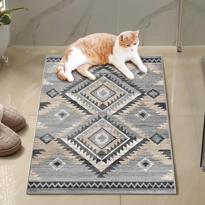YHSF South West Native Tribal American Rug Ritz - Light Grey, 2 ft x 3 ft | Native American Indian Inspired Rug - Living Room, Bedroom, Hallway, Entryway & High-Traffic Area Rugs - Washable - Soft