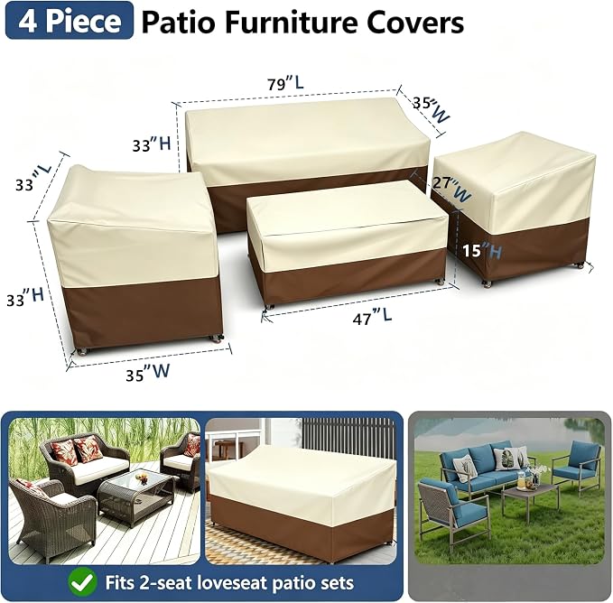 STARTWO Outdoor Furniture Cover Waterproof, 600D Heavy Duty, 4 Piece Patio Furniture Set Cover for Outside Couch, Lawn Chairs, Coffee Table, Windproof with Buckle Strap, Beige