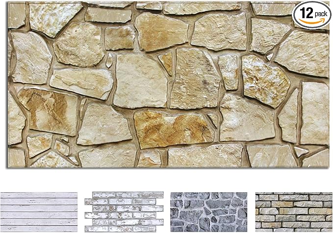 COMSTICKC 3D Faux Stone Wall Panels Peel and Stick Decorative Tiles, 12 Pcs 22.8" x 11.8", DIY UrltraLight PVC Fake Stone Wall Covering Stickers for Kitchen, Living Room Background, Covers 22.48 sq.ft