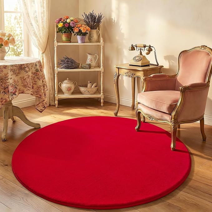 Amearea Red Round Area Rug 4ft Washable Circle Rugs for Bedroom Living Room | Fluffy Indoor Thickened Memory Foam Rug, Non Slip Minimalist Circular Carpet for Kids Boys Girls Dorm Nursery Room Decor